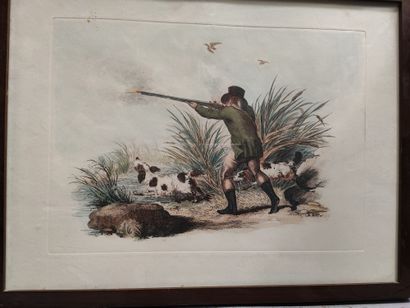 Hunting waterfowl. Pair of framed English...