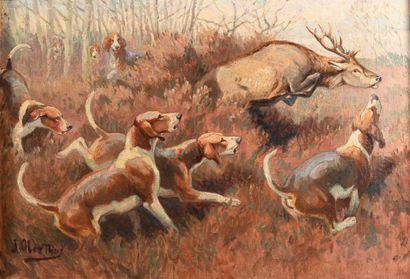 Joseph Oberthur (1872-1956) Cerf au débuché....