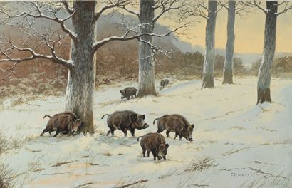 Paul MARCUEYZ (1877-1952). Boars in the snow....