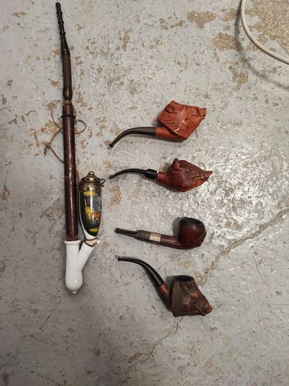Set of four briar pipes, three with boar...
