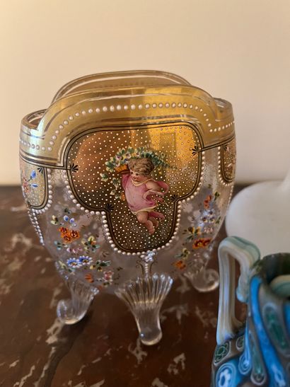 Lot of two enamelled vases, two opaline glass...