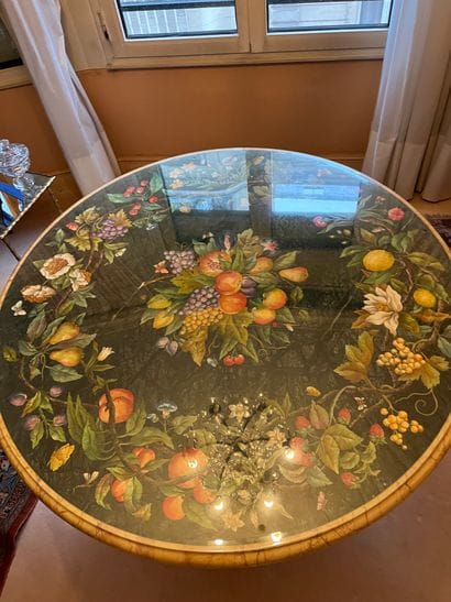 Marble pedestal table, baluster base, painted...