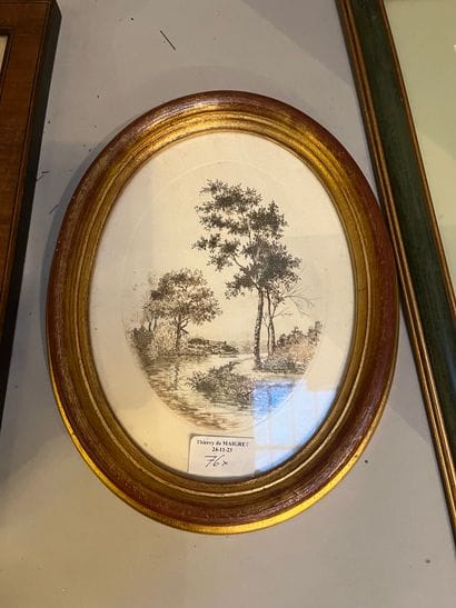 Lot of frames including engraving of a river...