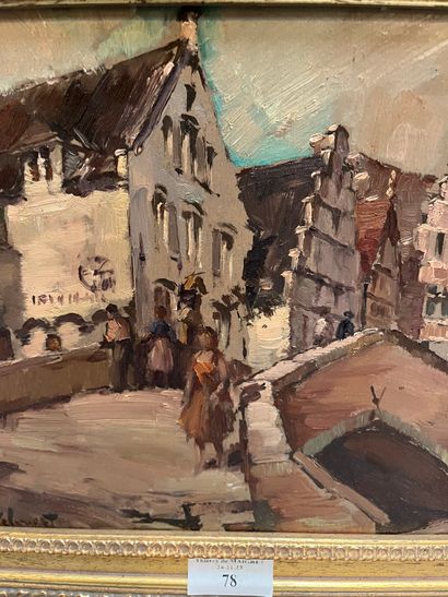 Animated landscape, oil on panel, signed...