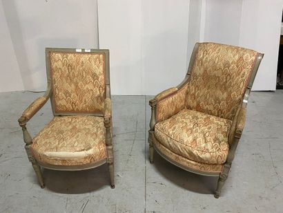 Bergère and armchair in grey lacquered wood....