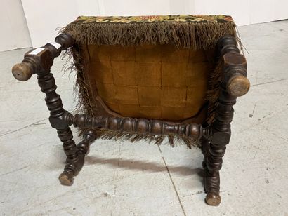 Turned wood stool joined by a spacer.
Upholstered...