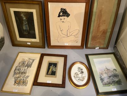 Lot of frames including engraving of a river...