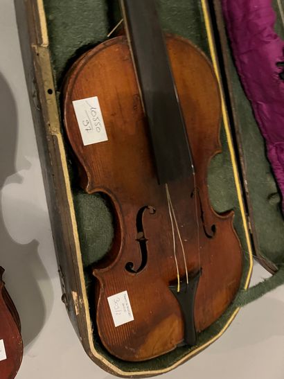 2 violins, one in its case with archer, 1...