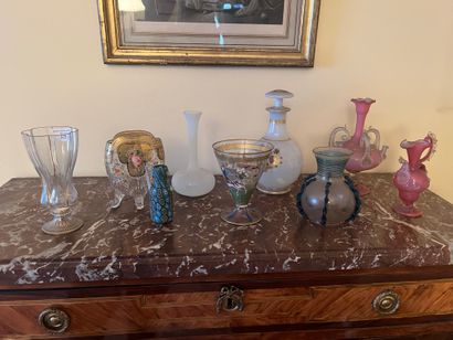 Lot of two enamelled vases, two opaline glass...