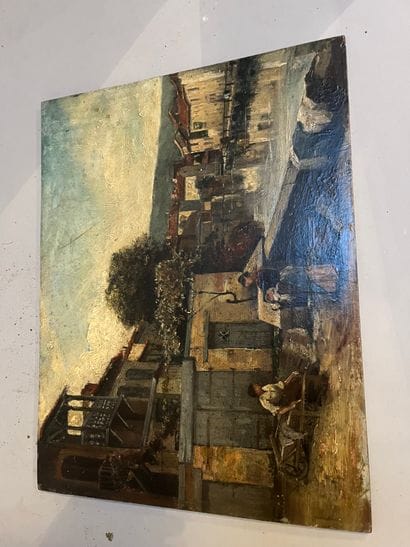 Washerwomen in a landscape 
Oil on panel...