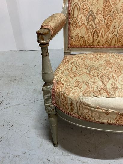 Bergère and armchair in grey lacquered wood....