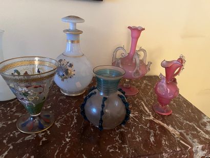 Lot of two enamelled vases, two opaline glass...