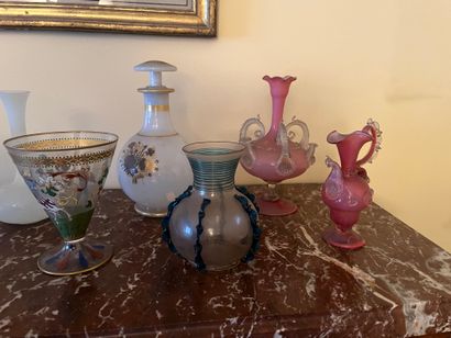 Lot of two enamelled vases, two opaline glass...