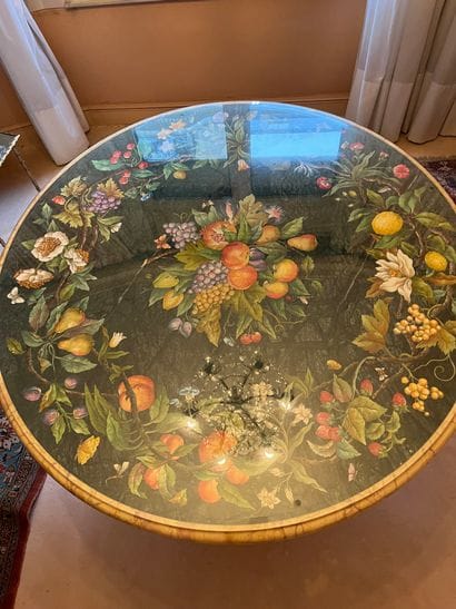 Marble pedestal table, baluster base, painted...
