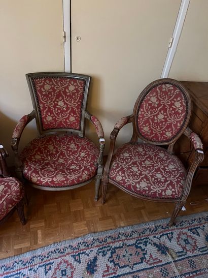 Set of three seats: bergère, medallion armchair,...