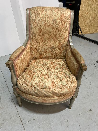 Bergère and armchair in grey lacquered wood....