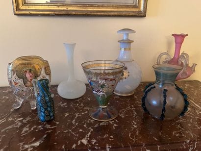 Lot of two enamelled vases, two opaline glass...