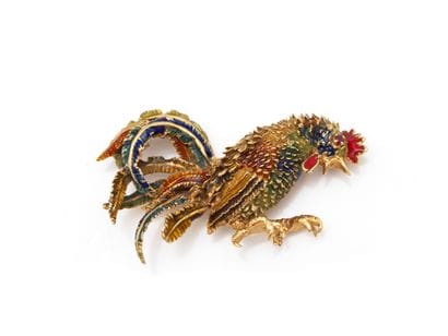 750 thousandths gold brooch stylizing a rooster...