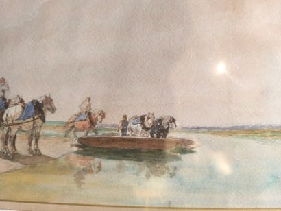 J. Veyrassat. Paysage au gué. Aquarelle signée...