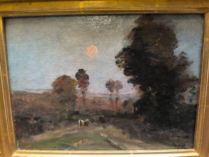 Ecole du XIXe siècle. Paysage au crépuscule...