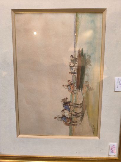 J. Veyrassat. Paysage au gué. Aquarelle signée...