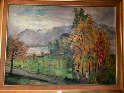 Marc GIMAT (1879-1969). Vue d'un lac, toile,...