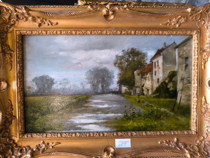 F. Marko. Cour de ferme. Huile sur panneau...