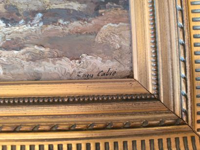 E. Cabié. Rochers. Huile sur panneau signée...