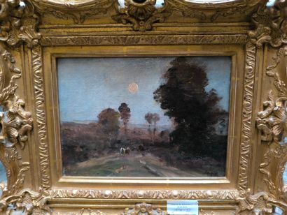Ecole du XIXe siècle. Paysage au crépuscule...