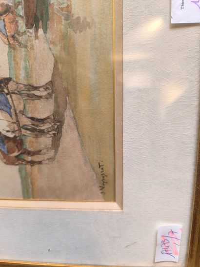 J. Veyrassat. Paysage au gué. Aquarelle signée...