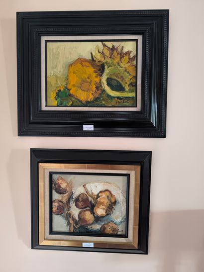 Van Hecke. Deux natures mortes. Huiles sur...