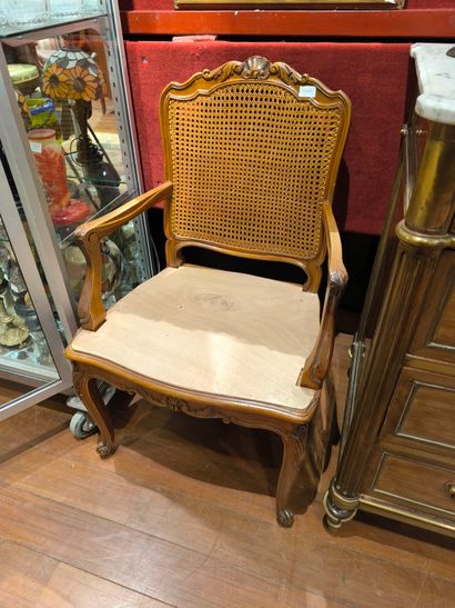 Fauteuil canné dossier plat en bois naturel...