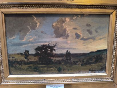 Ecole du XIXe siècle. Paysage nuageux. Huile...