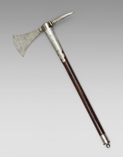 Beautiful sapper's axe, worked iron with...