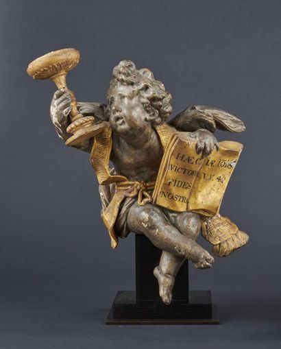 Baroque angel sculpted in polychrome, silver...