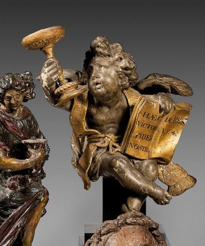 Baroque angel sculpted in polychrome, silver...