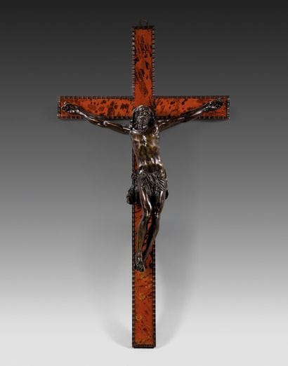Christ on the Cross in bronze with brown...