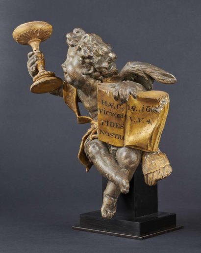 Baroque angel sculpted in polychrome, silver...