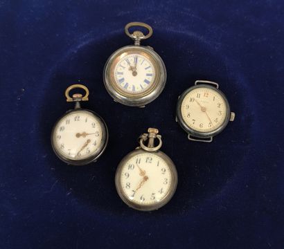 Three collar watches and a metal wristwatch...