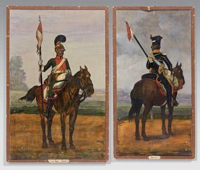 Deux gouaches sur carton, découpées: Un lancier...