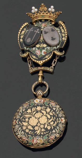 Délicate montre de poche en or et émail polychrome,...