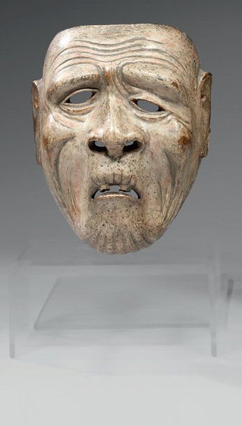 Masque de kyogen en bois peint beige, personnage...