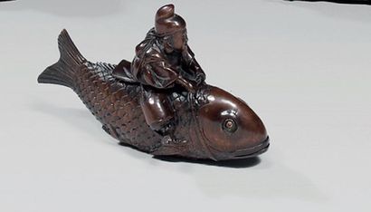 Netsuke en bois à patine brune, Ebisu sur...