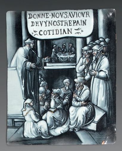 Plaque rectangulaire en émail à décor en...