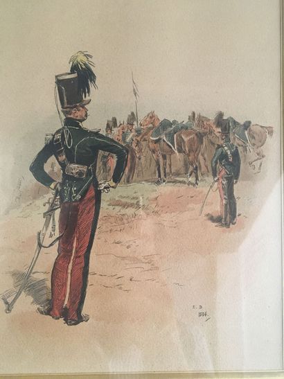 Gravure en couleurs représentant des chasseurs...