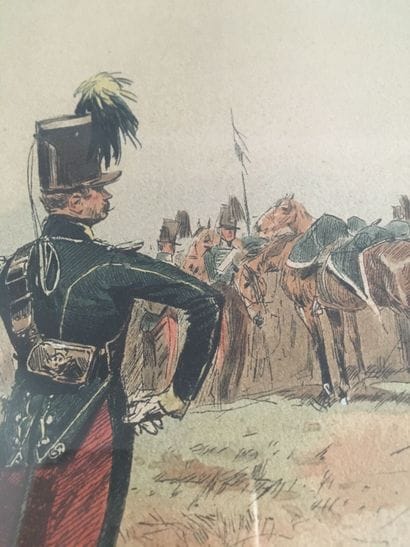 Gravure en couleurs représentant des chasseurs...