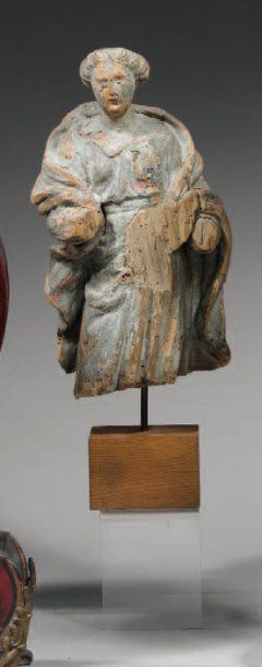 Statuette en bois sculpté et laqué polychrome,...