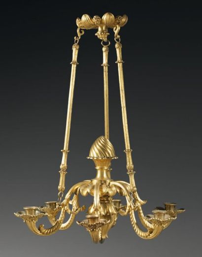 Suspension à six lumières, en bronze doré...