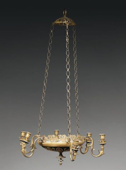 Suspension à six lumières en bronze finement...