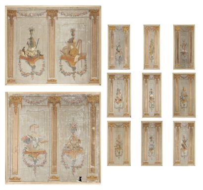 Rare ensemble de onze toiles peintes de boiserie,...
